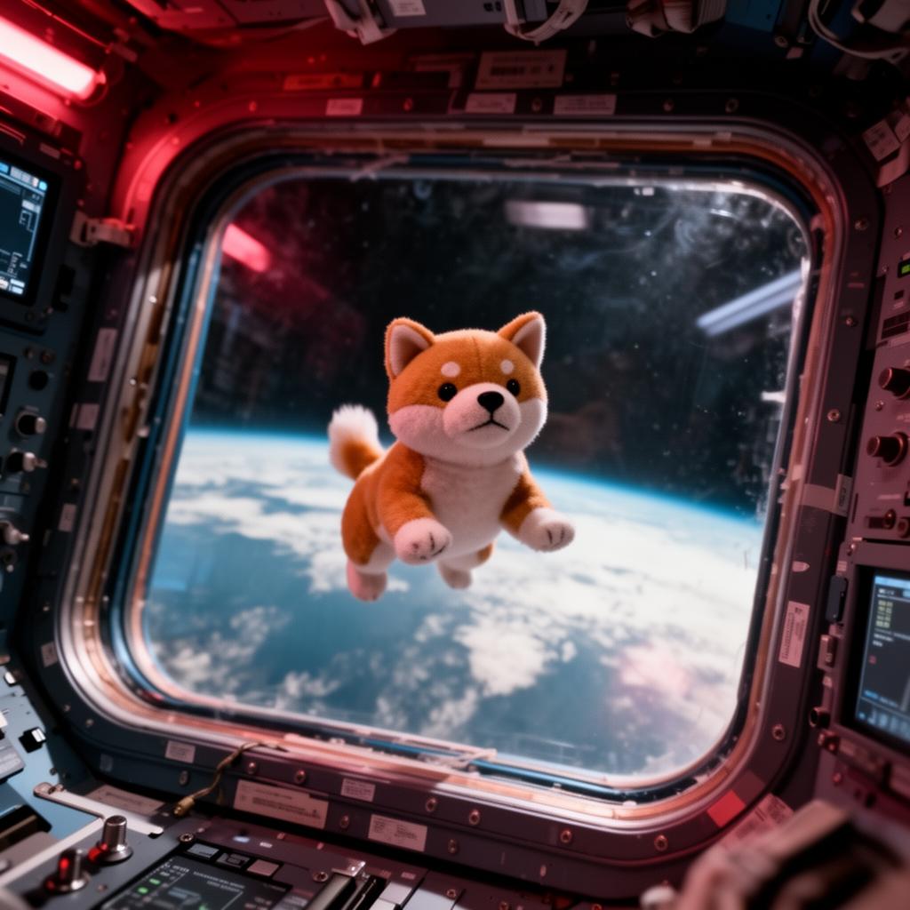 Plush Shiba zero-gravity indicator floating in spacecraft cabin